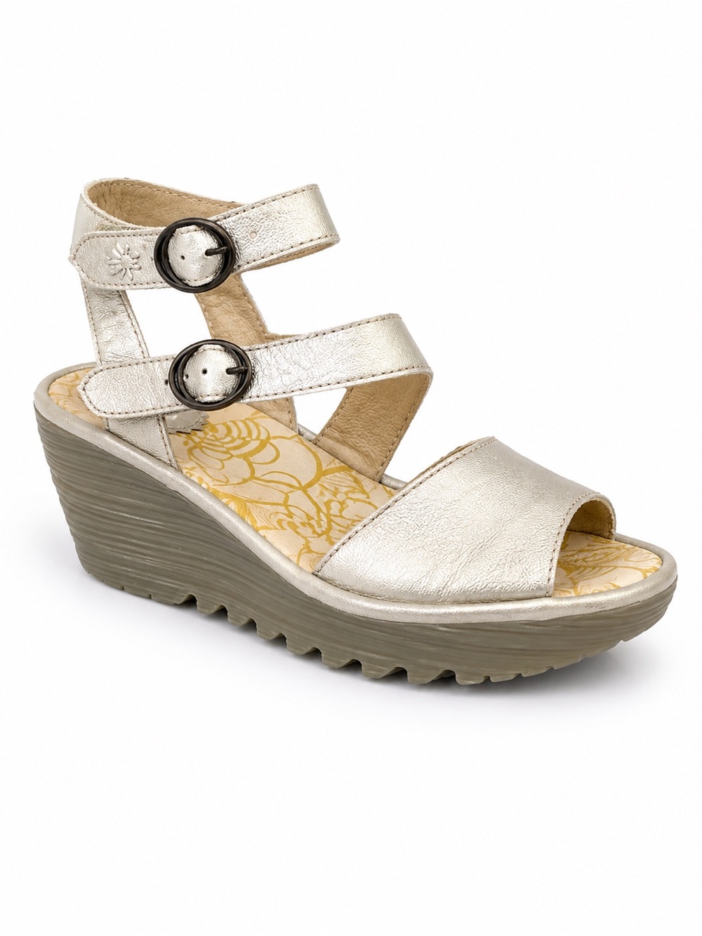 FLY London YAND Silver Metallic Leather Wedge Sandals W EU 39 Open Toe